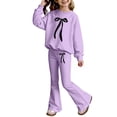 thumbnail image 3 of OSOLU Children Girls Outfits Long Sleeve Crew Neck Tops and Flare Pants with Bow Print 2 Piece Comfortable Breathable Classic Trendy Clothing Sets, 3 of 4