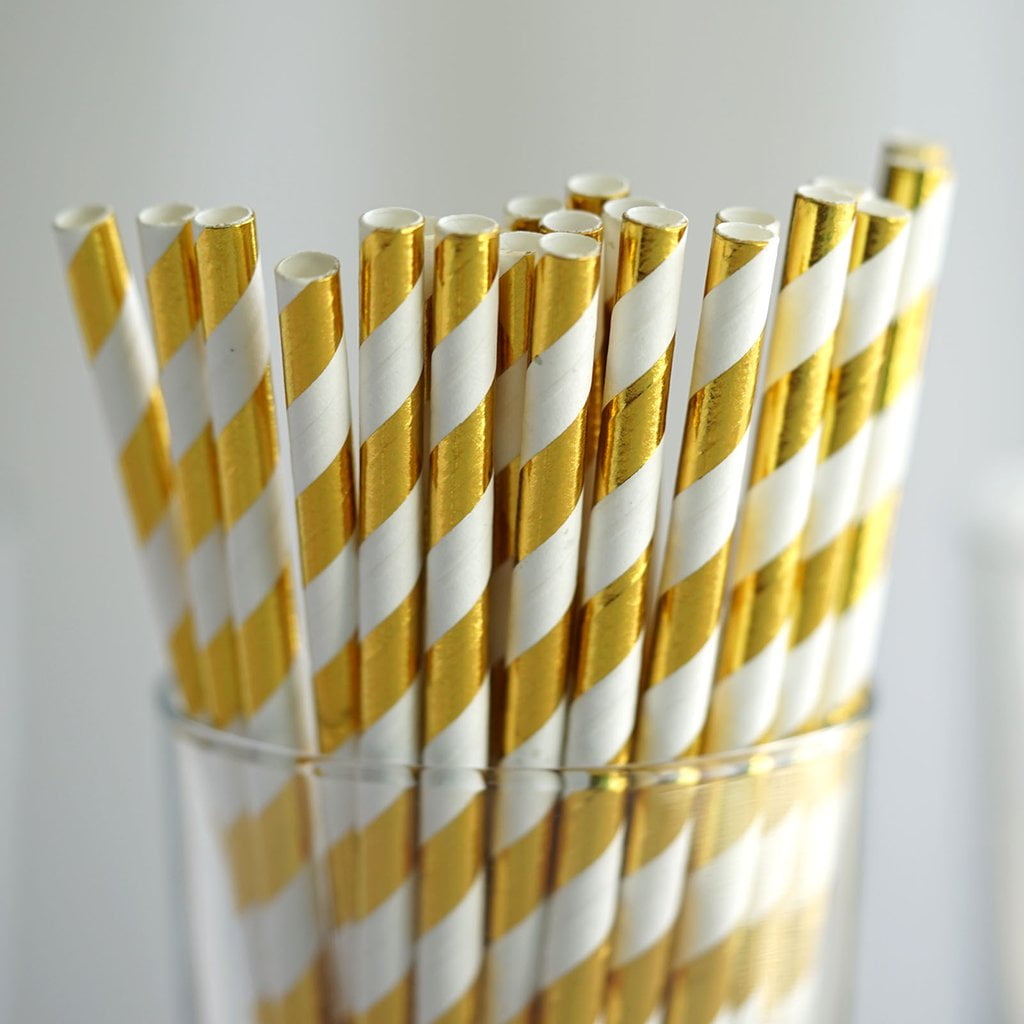 BalsaCircle 25 Pieces 8" Gold White Striped Paper Straws Disposable