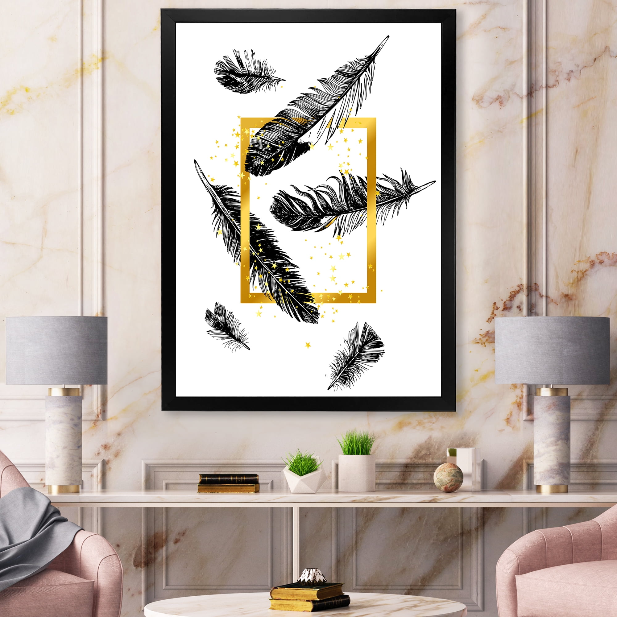 Designart 'Feathers and Golden Frame' Bohemian & Eclectic Framed Art Print