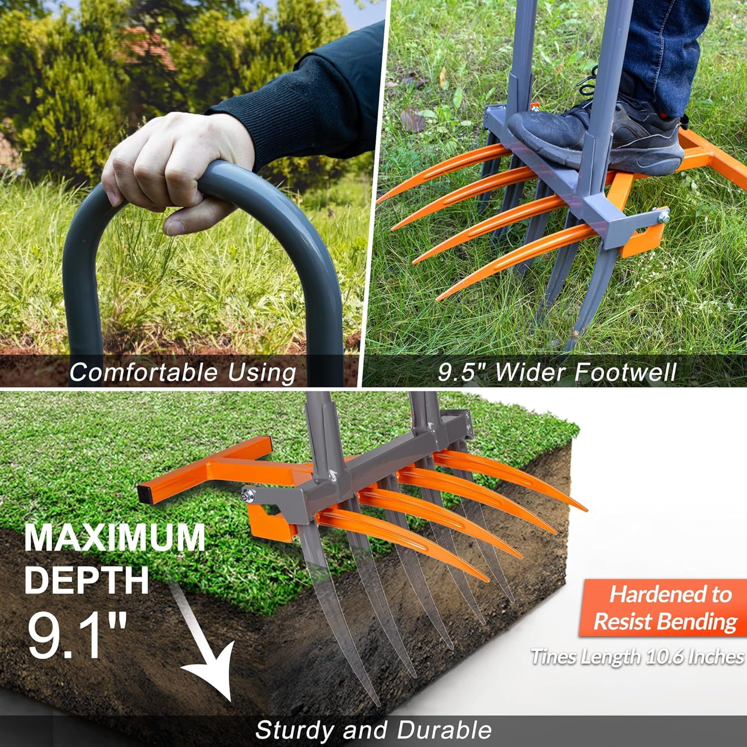 Walensee Broad Fork Tool, Cultivator Tiller Manual Hand Tiller with 9 Tines for Digging and Crushing Soil, 2-in-1 Garden Pitchfork with Sturable U-Shaped Handle for Composting, Spading and Farming