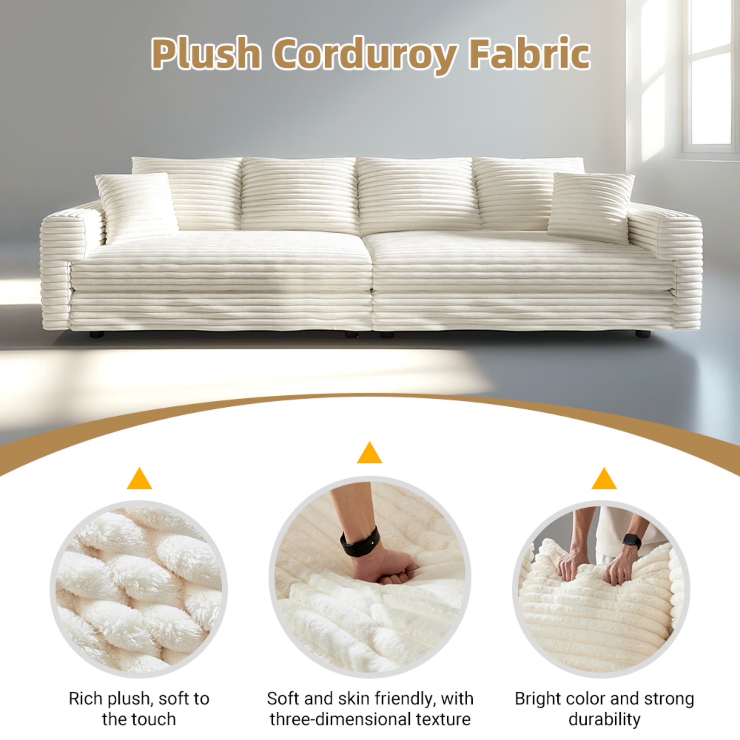 Alvantor 4-Seat Sofa 102" W Corduroy Upholstered Deep Seat Couches Convertible Chaise for Living Room, Apartment Beige