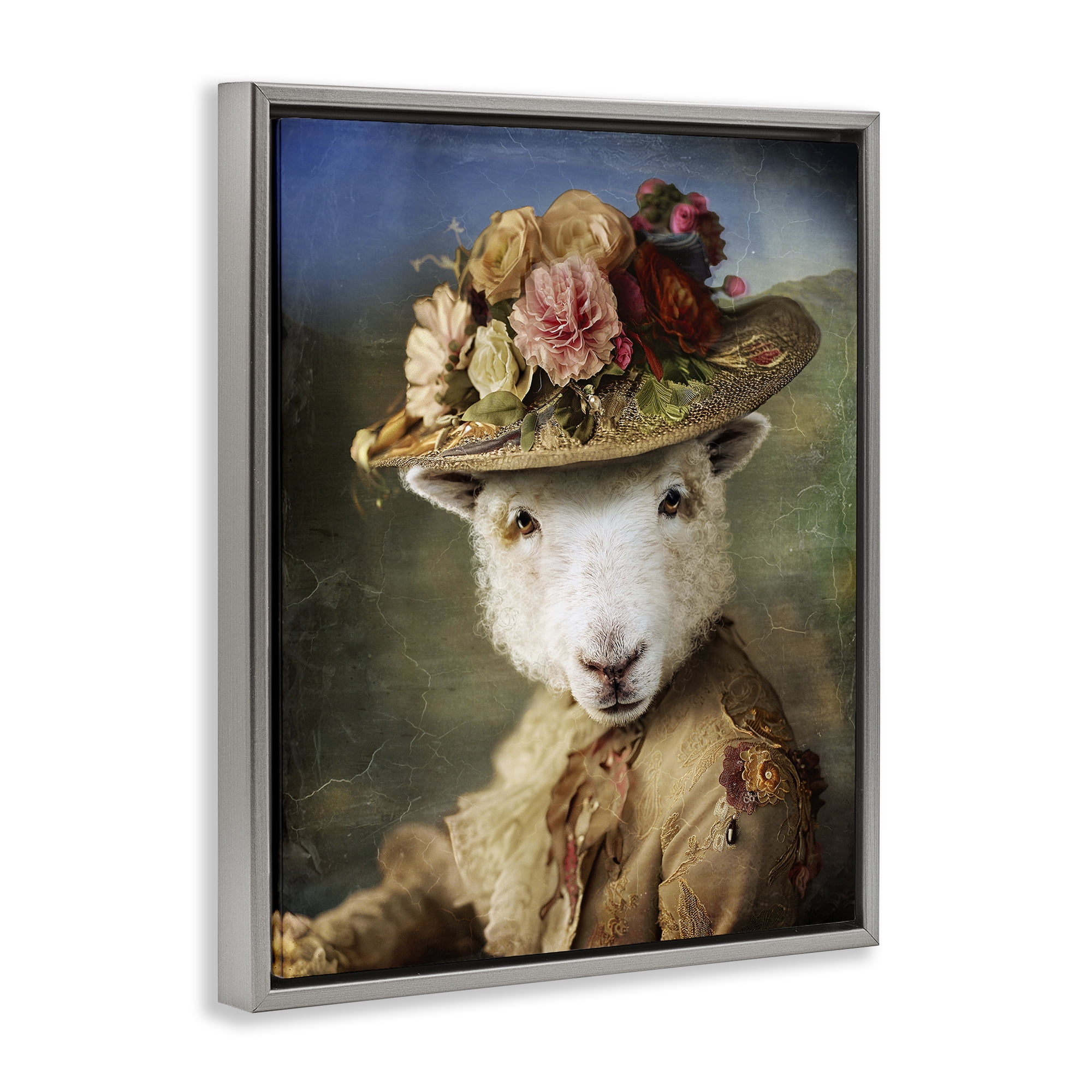 Stupell Industries Lamb with Floral Hat Animals & Insects Painting Gray Floater Framed Canvas Art Print Wall Art, 17 x 21