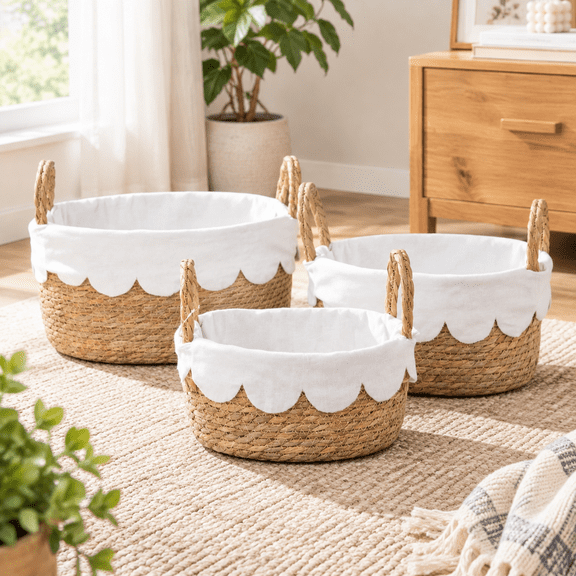 Set of 3 Seagrass Wicker Storage Baskets with Scalloped Liners