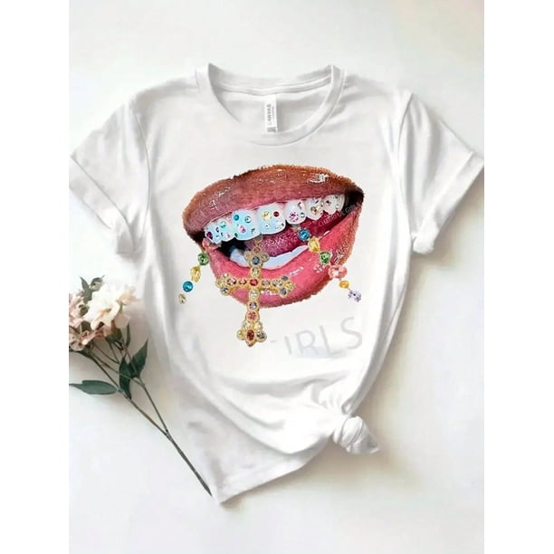 Short-sleeved T-shirt with a red lip and beveled teeth printed round neck for women, casual and fashionable