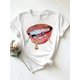 thumbnail image 1 of Short-sleeved T-shirt with a red lip and beveled teeth printed round neck for women, casual and fashionable, 1 of 6