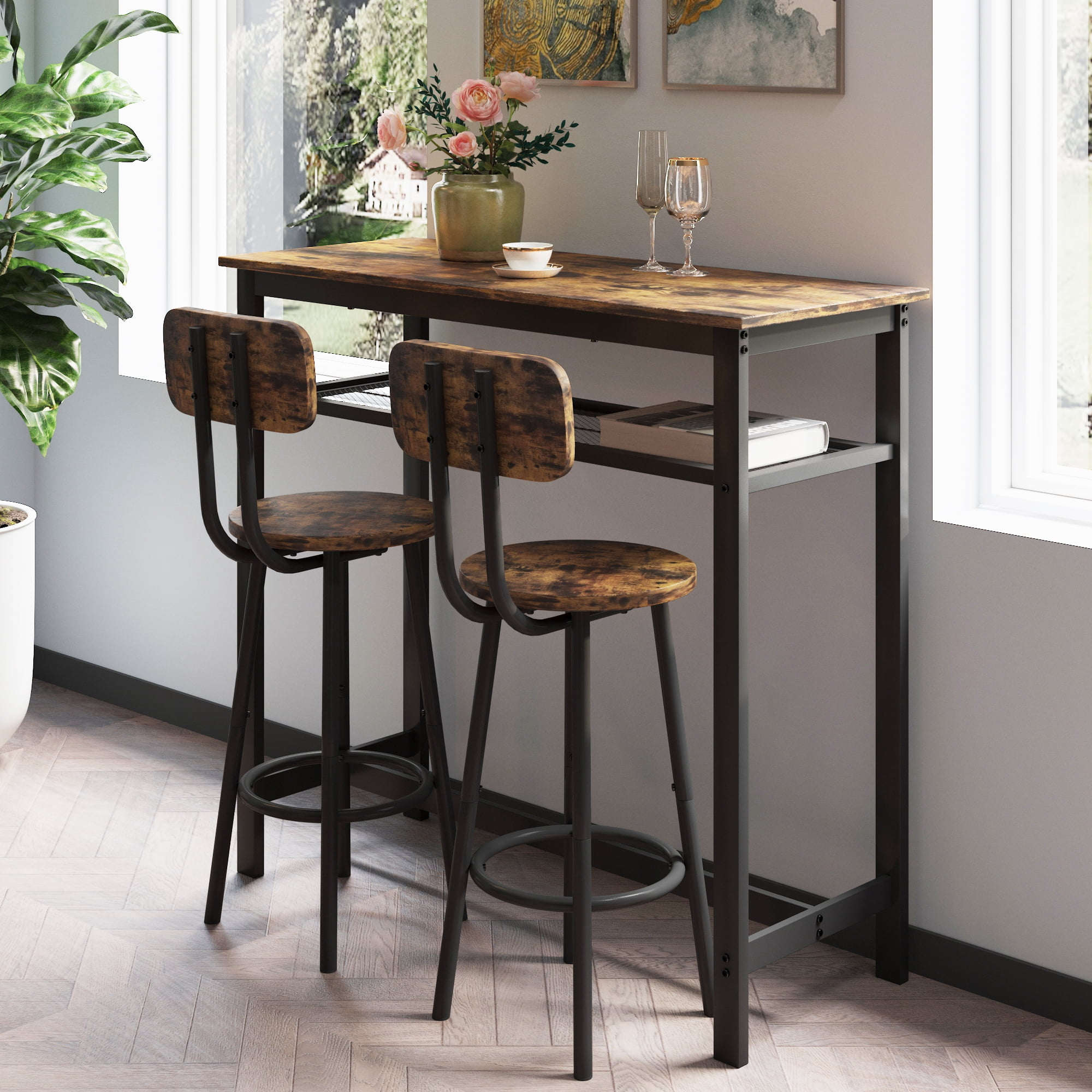 3-Piece Bar Table Set,Bistro Kitchen Table Sets with Metal Frame & Storage Rack,Modern Counter Height Table with 2 Stools for Kitchen, Dining Room, Living Room,