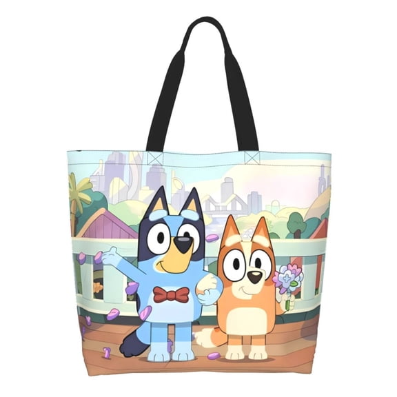 Kowoue Bluey Pattern Tote Bag Aesthetic Shoulder Bag with Zippers , Grocery Tote with Shoulder Straps, Large Collapsible Tote