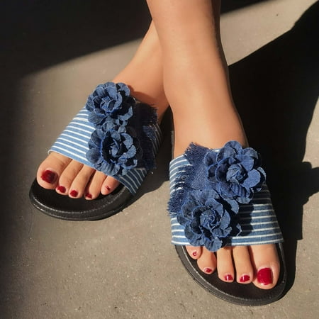 

HOMBOM Women Slide Slippers Women s Summer Fashion Craftsmanship Cow Cloth Shoes One-word Flower Slippers