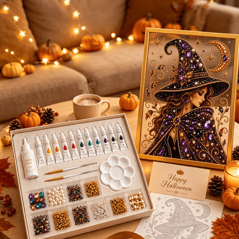 DIY Jeweled Halloween Art Kit Complete Handcraft Gem Painting Set Relaxing Creative Hobby for Adults to Make Unique Framed Home Ornament Artwork