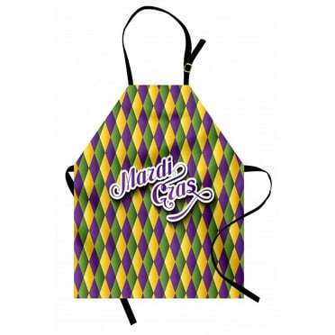 Mardi Gras Apron Hand Writing Calligraphy Design on Diamond Line Pattern Iconic Colors, Unisex Kitchen Bib Apron with Adjustable Neck for Cooking Baking Gardening, Purple Green Yellow, by Ambesonne