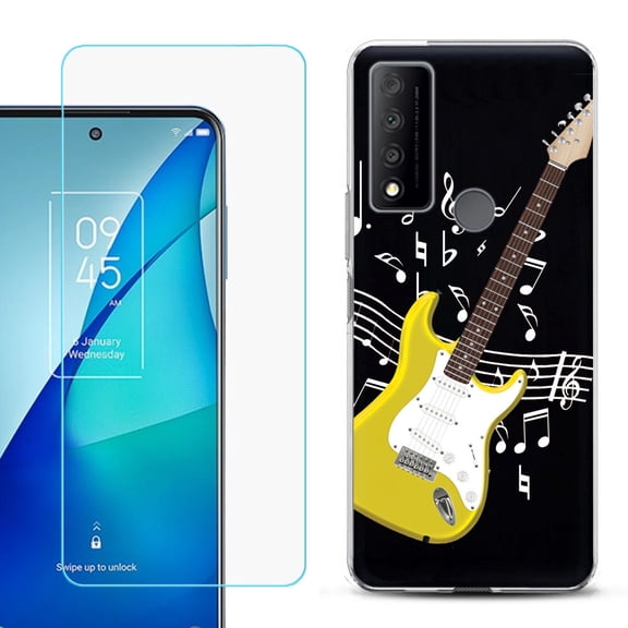 Slim-Fit Gel TPU Phone Case for TCL 4X 5G, with Tempered Glass Screen Protector, by OneToughShield ® - Guitar Yellow