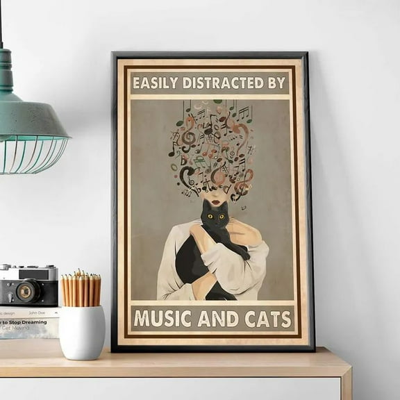 Home Decor- Black Cat Easily Distracted By Music And Cats Poster, One Sheet Wall Size 24''x36''-Gategoo