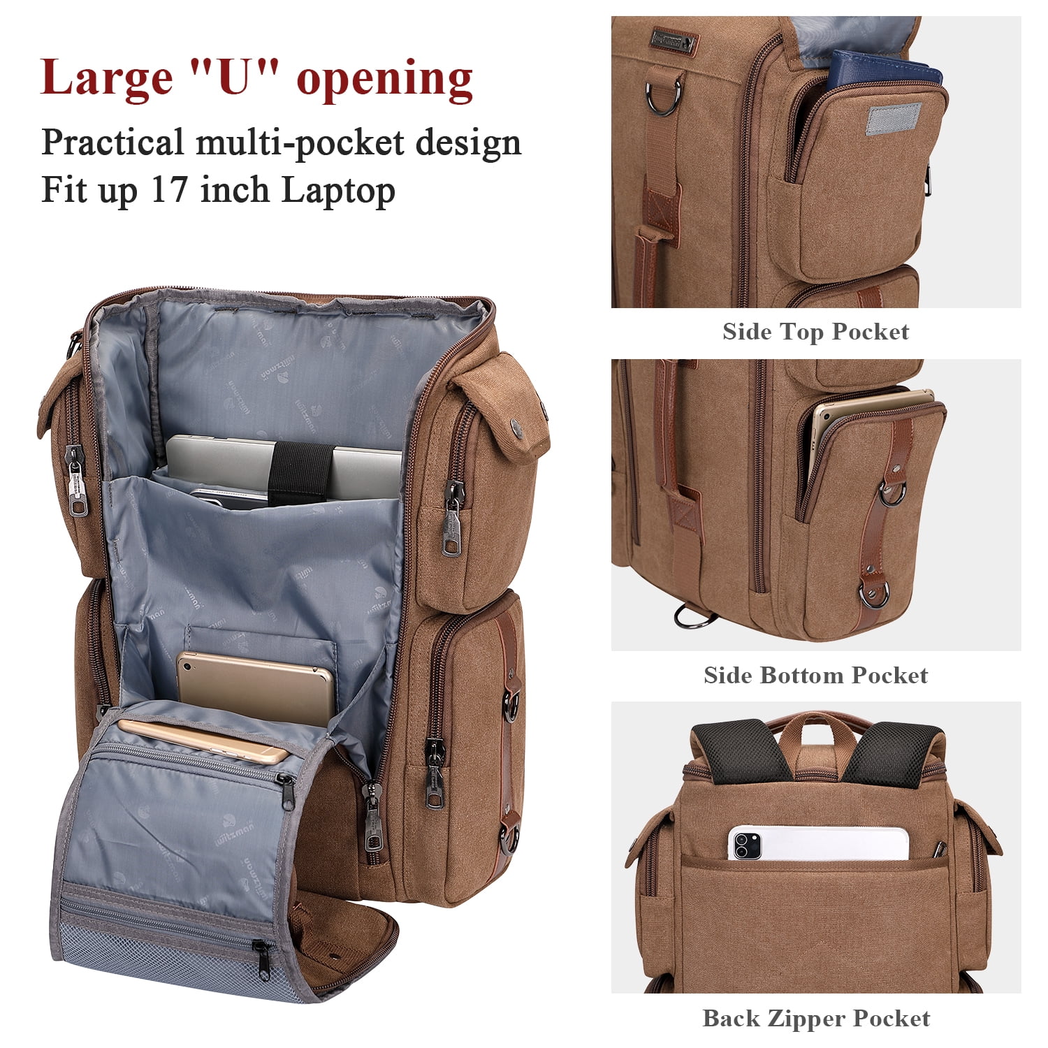 WITZMAN Travel Backpack for Men Carry On Canvas Backpack Luggage Outdoor Duffel Bag (6661 Brown)