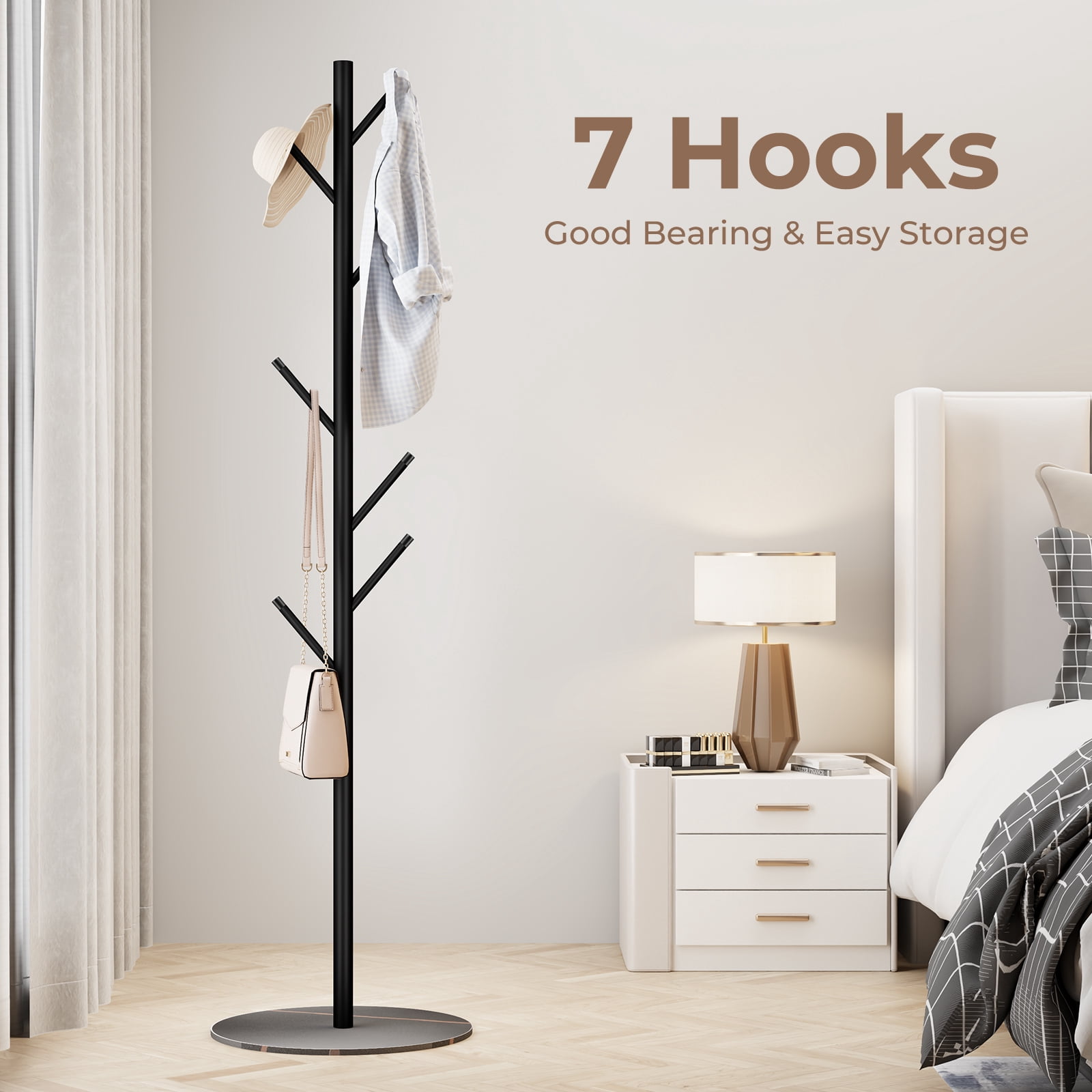 LIZEVINC, Coat Rack, Adjustable Metal Stand with 7 Hooks, Black