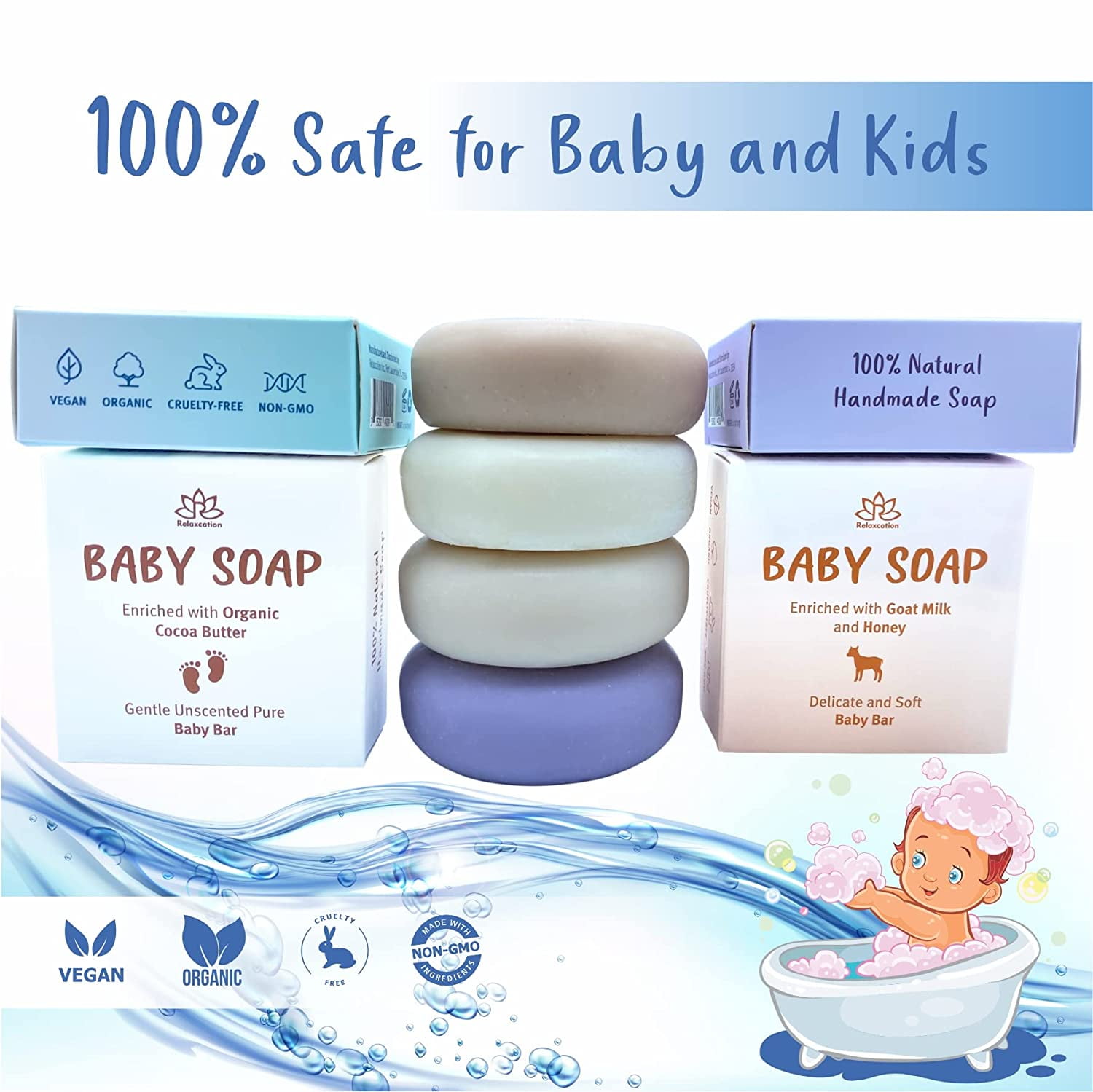 Organic Baby Soap Bars for Kids Baby Toddler Natural Safe for Sensitive Skin Lavender, Goat Milk, Unscented and Greek Yogurt Handmade in USA by Relaxcation 4 Set