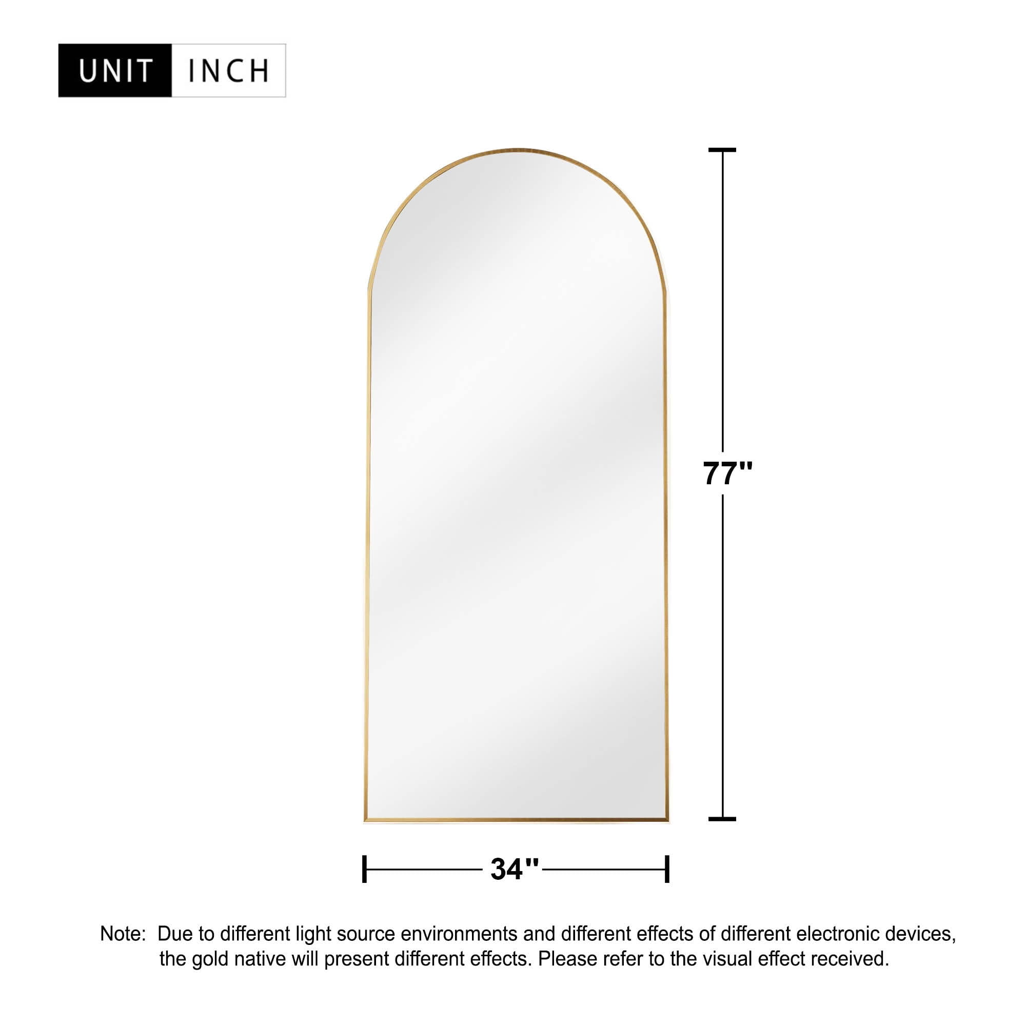 MAYEERTY 77x34x1 Inch Gold Thin Edge Aluminum Right Angle Arched Full Length Mirror with Stand for Bedroom