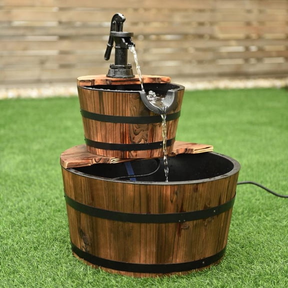 2 Tier Outdoor Wooden Barrel Waterfall Fountain with Pump