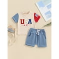 thumbnail image 2 of vera natura Boys 4th of July Shorts Sets Short Sleeve Letter Embroidery Tops Solid Color Drawstring Shorts Sets, 2 of 9