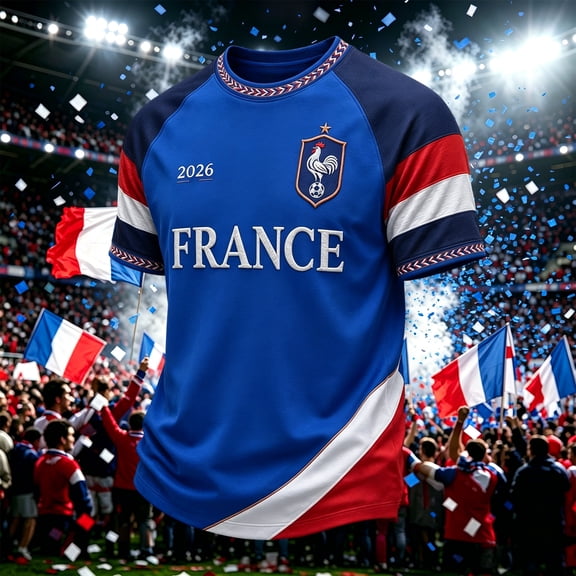 France 2026 Soccer Cup Fan Jersey for Men, Crewneck Short Sleeve T-Shirt with Rooster & Tricolor Graphic, Lightweight Breathable Athletic Top, 1 PC Blue L