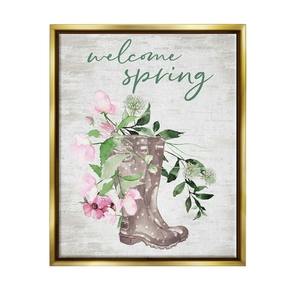 Welcome Spring Seasonal Rain Boots Flower Arrangement Gold Floating Frame Canvas Art, 17 x 21, Made In USA