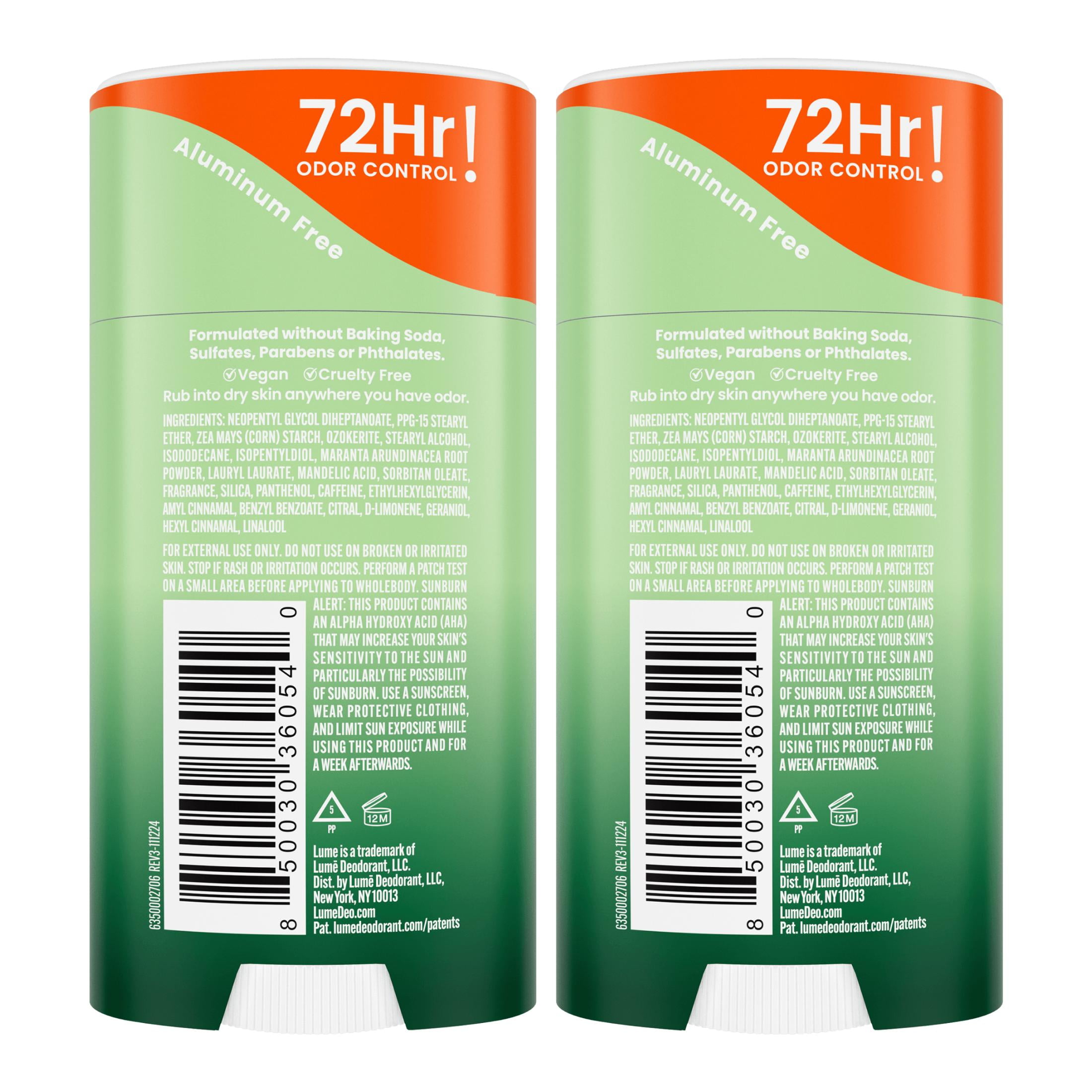 Lume Whole Body Deodorant Solid Stick - 72 Hour Odor Control - Aluminum Free, Baking Soda Free and Skin Safe - Fresh Alpine, 2.6oz (2 Pack)