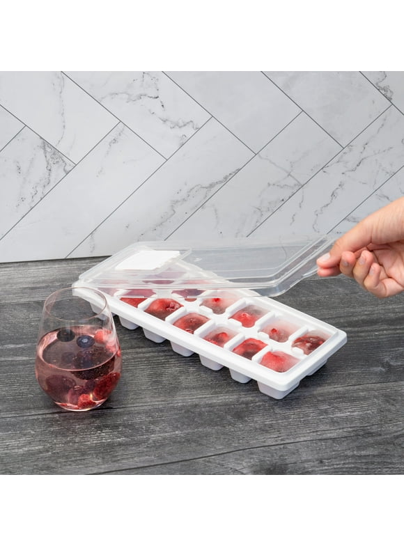 Mainstays Plastic Ice Cube Tray with 14 Ice Cube Molds and Removable Lid, White