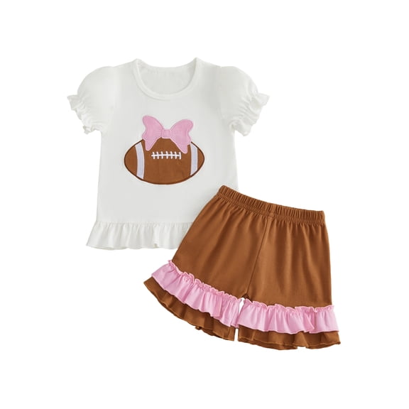 Cjfdfy Toddler Baby Girl Football Outfit Infant Baby Girl Summer Fall Clothes Cute Bow Rugby Embroidery Ruffled Short Sleeve T Shirt Tops and Shorts 2 Pcs Set