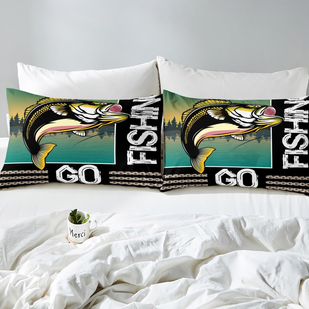 YST Bass Big Fish Comforter Cover Queen Size,Pike Big Fish Bedding Set Eat  Small Fish Duvet Cover For Kids Boys Teen Men Ocean Fishing Bedspread Cover  With Zipper 2 Pillow Cases Green