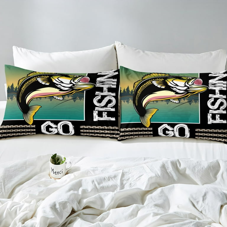 YST Hunting and Fishing Bed Set Big Bass Fish Duvet Cover for Boys