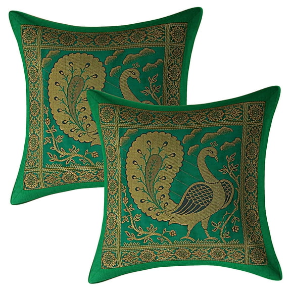 Stylo Culture Ethnic Couch Pillow Slipcovers Dancing Peacock Floral Emerald Green And Gold Throw Pillow Covers 12x12 Jacquard Weave Banarsi Bohemian Brocade 30x30 cm Cushion Covers (Set Of 2)