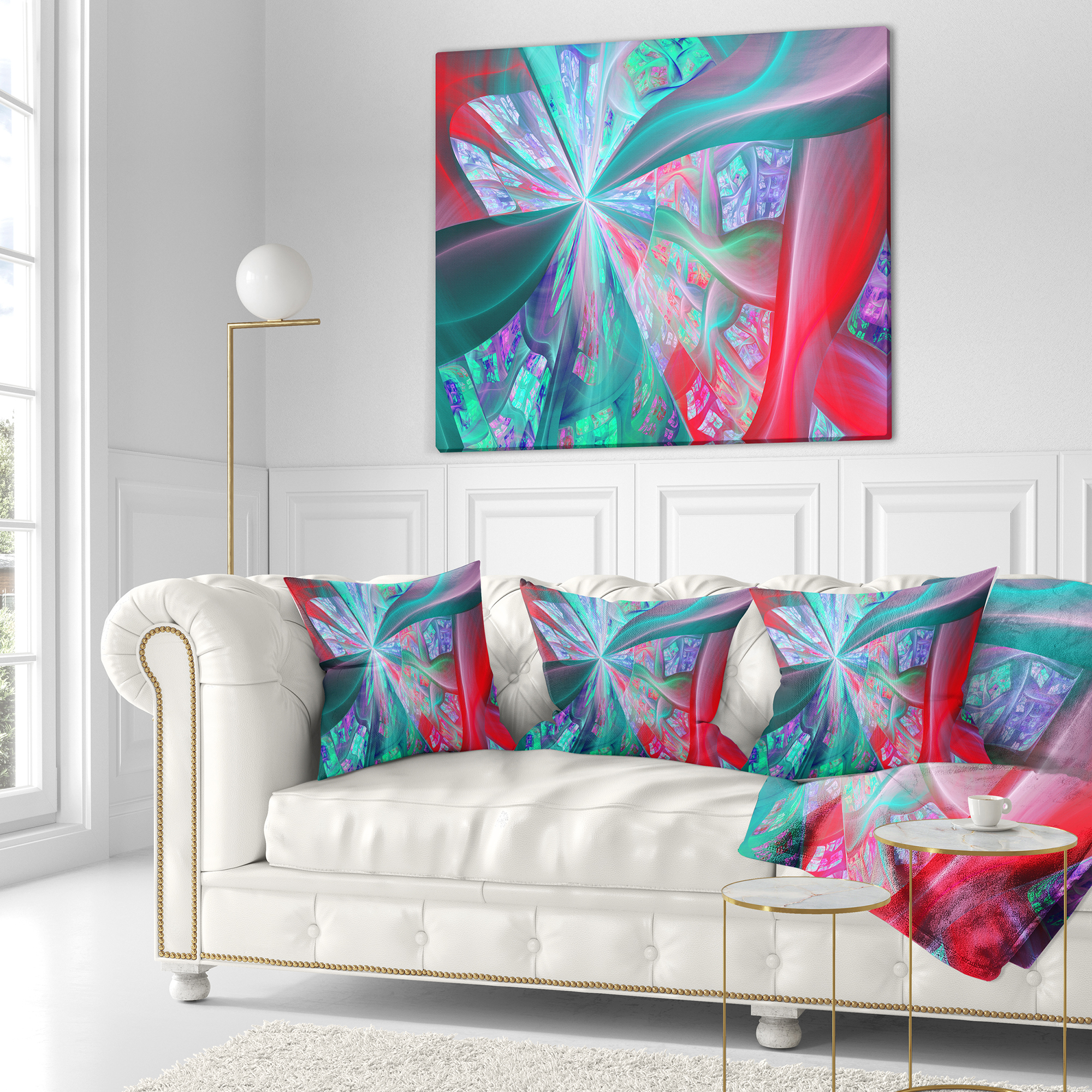 Designart Red Blue Fractal Exotic Plant Stems - Abstract Throw Pillow - 18x18