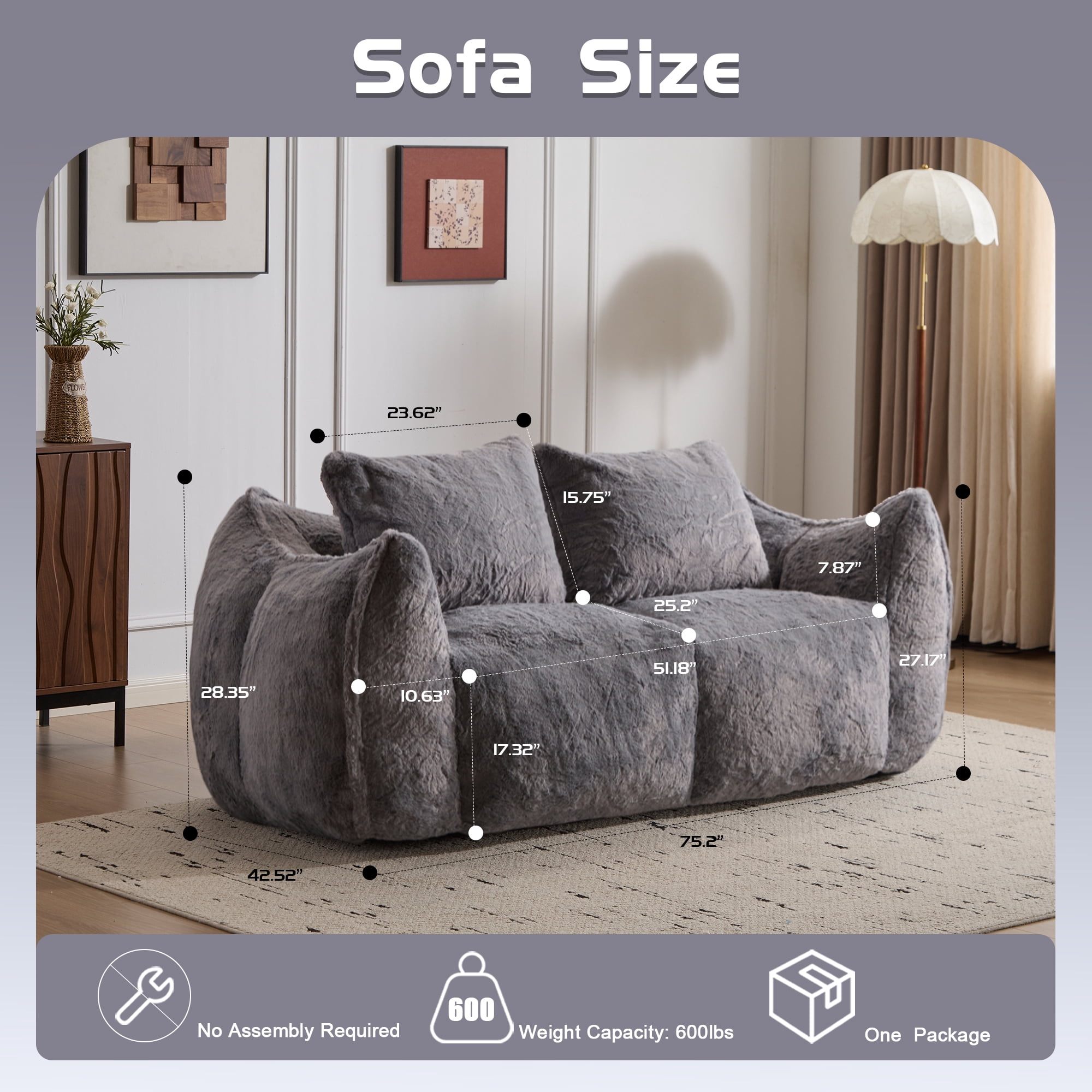 Aukfa Faux Fur Loveseat, 25" Deep Seat Giant Bean Bag Sofa for Living Room, White
