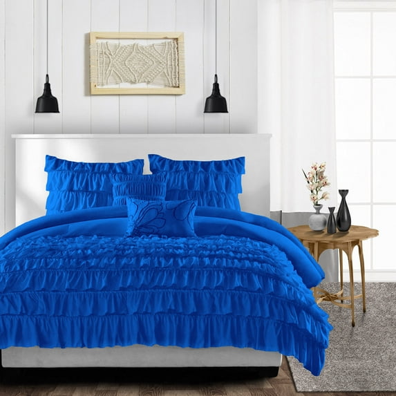 Duvet Cover 3 Piece Egyptian Cotton Cozy & Super Soft 600 TC Multi Ruffle Duvet Covers with Zipper Closure & Corner Ties Soft Comforter Cover (Oversized King, Egyptian Blue )