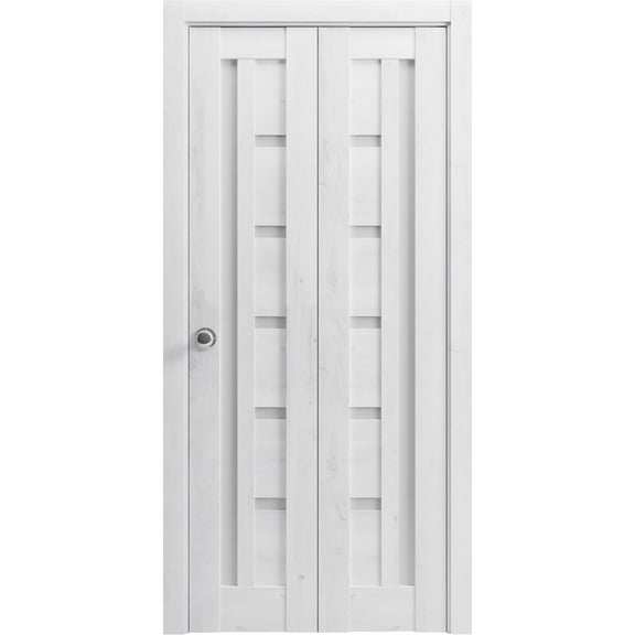 Sliding Closet Bi-fold Doors 64 x 80 inches | Quadro 4088 Nordic White with Frosted Glass | Sturdy Tracks Moldings Trims Hardware Set | Wood Solid Bedroom Wardrobe Doors