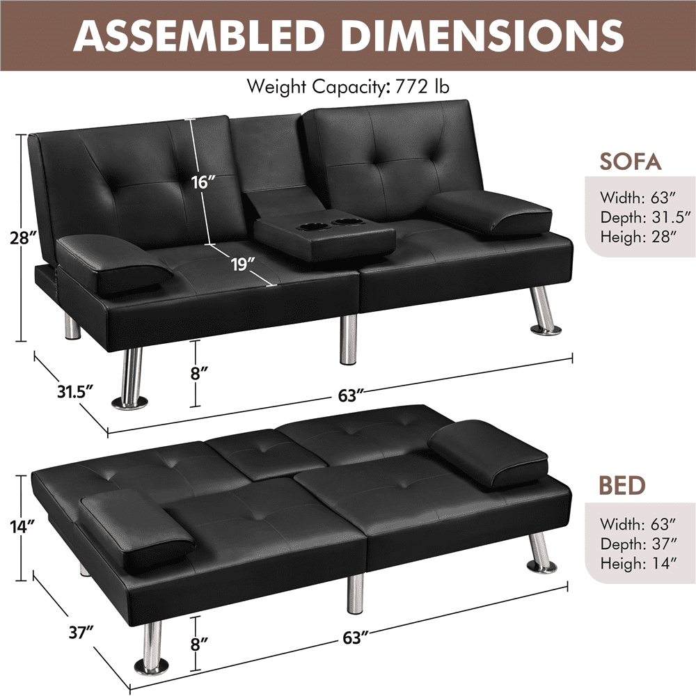 Renwick Modern Faux Leather Futon Sofa Bed Convertible Folding Couch with Cup Holders, Black