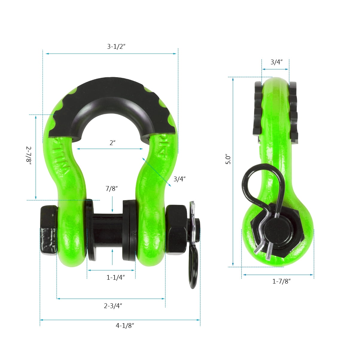AMBULL Shackles 3/4" D Ring Shackle (2 Pack) 45,000lb Break Strength with 7/8" Pin, Anti Theft Security Screws, Isolator & Washer Kits for Use with Tow Strap Winch Truck Vehicle Recovery, Green