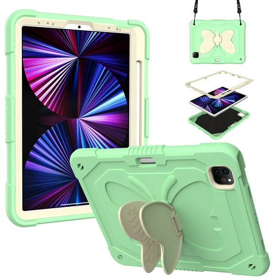 JTCASES for iPad Pro 11 2022/2021/2020/2018, iPad Air 5th/4th Generation Case, Crossbody Lanyard Pencil Holder Butterfly Wings Kickstand PC Silicone Kids-friendly Sockproof Back Shell, Beige/Green
