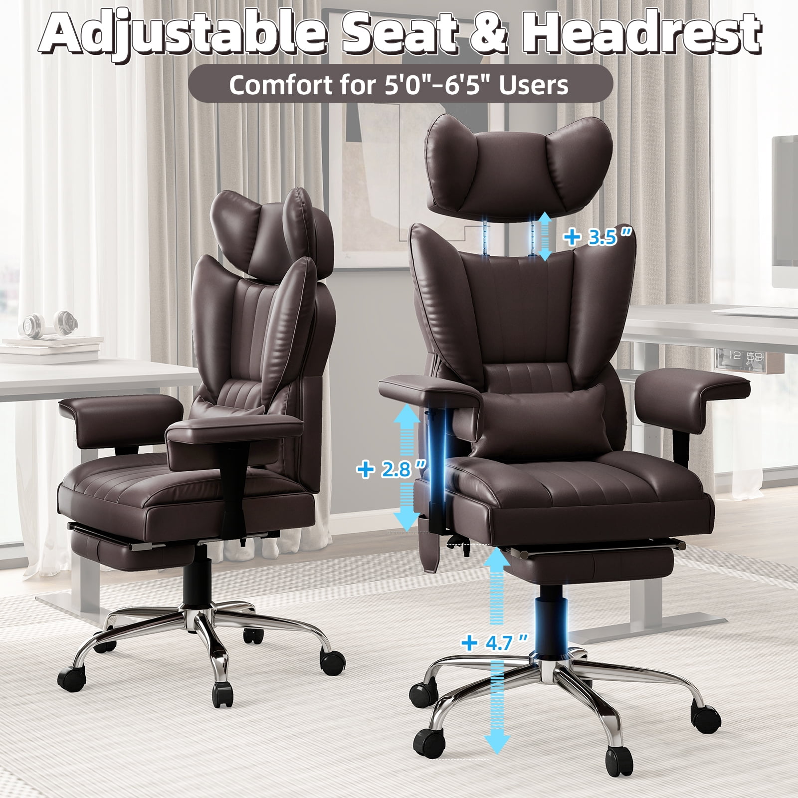Massage Heated Office Chair with Foot Rest - 6 Points Vibration 400LBS Executive Office Chair with Adjustable Headrest, Armrest and Lumbar Pillow, Comfy Leather Desk Chair for Home Office, Brown