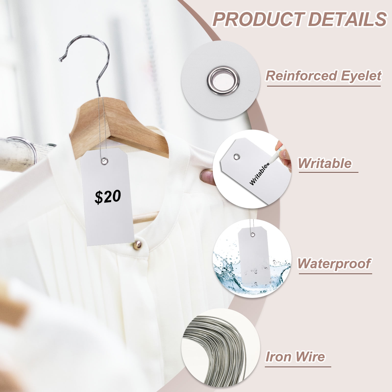 Waterproof Blank Plastic Shipping Tags with Wire 4 3/4" x 2 3/8" Hang Label Tags for Labeling Marking Auto Parts Luggage, White 200 Pieces