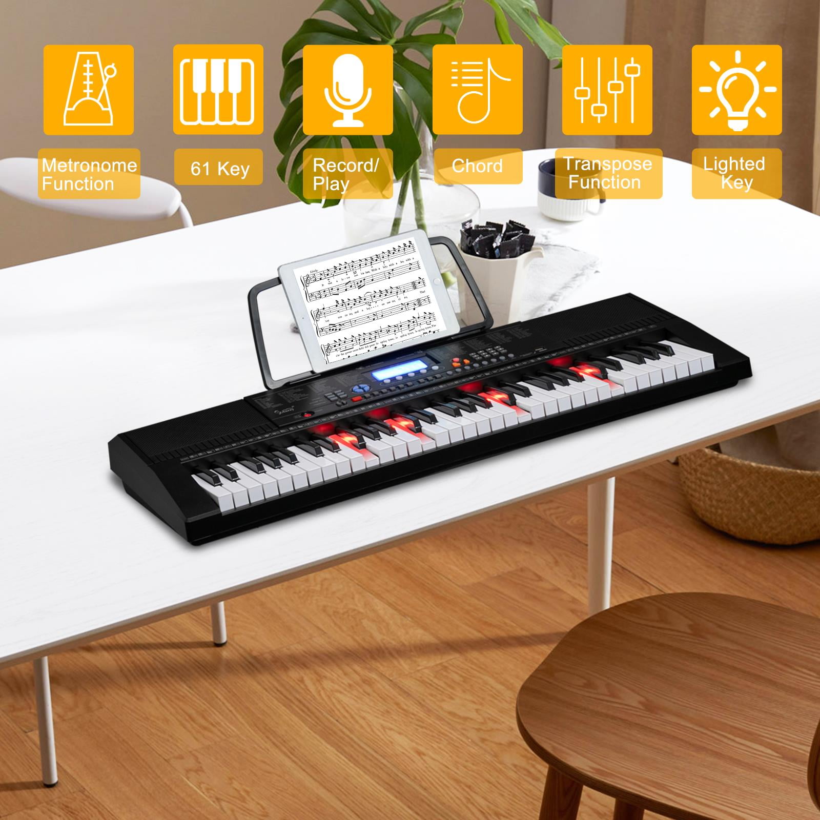 Glarry 61-Key Portable Electronic Piano Keyboard with LCD Screen, Microphone, Headphones, 3 Teaching Modes, Built-In Speakers