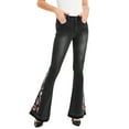 thumbnail image 4 of Womens Floral Daisy Embroidered Mid Rise Bell Bottom Flare Frayed Hem Jeans, 4 of 5