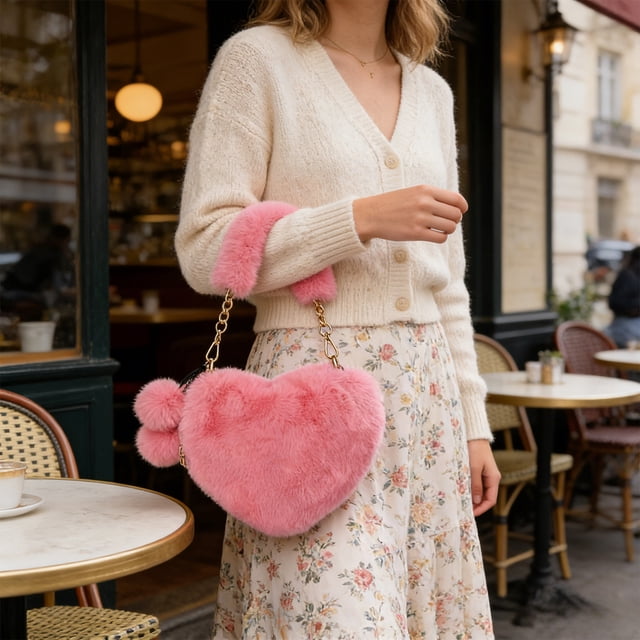 Bolso bandolera peludo en forma de corazón para mujeres con correa de cadena, bolso de hombro de piel sintética para viajar, festivales y uso diario