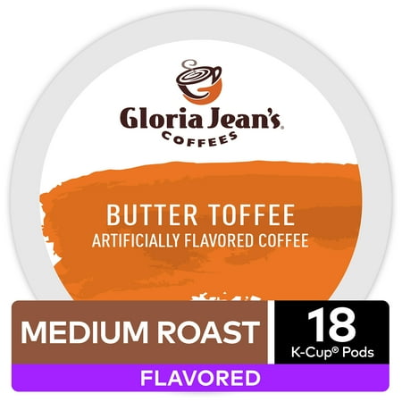 Gloria Jean's Coffee Butter Toffee Flavored K-Cup Pods, Medium Roast, 18 Count for Keurig Brewers