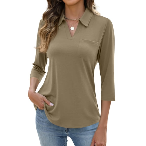 Dresfit Polo Shirts Women V Neck 3/4 Sleeve Dressy Tops 2026 Summer Collared Baggy Tennis Basic Tees Lapel Elastic Quick Dry Golf Blouses Light Brown 2XL