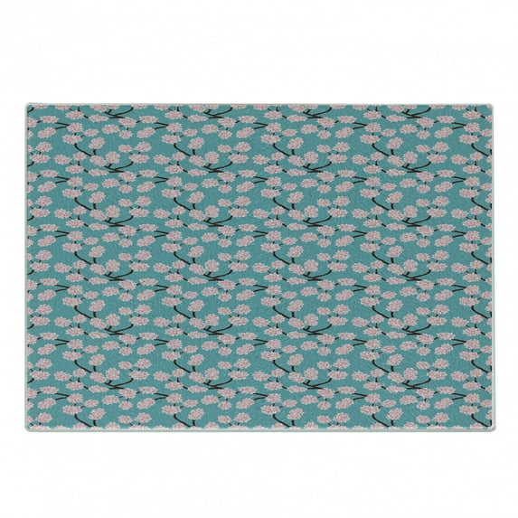 Blue and Pink Cutting Board, Japanese Sakura Pattern Repeating Cherry Blossom on Branches, Decorative Tempered Glass Cutting and Serving Board, in 3 Sizes, by Ambesonne