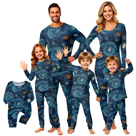 Halloween Pajamas, Navy Blue Matching Family Pajamas Pumpkin Front Long Sleeve 2 Piece Pajama Set Comfort Sleepwear Nightwear Loungewear Classic Casual Family Wear
