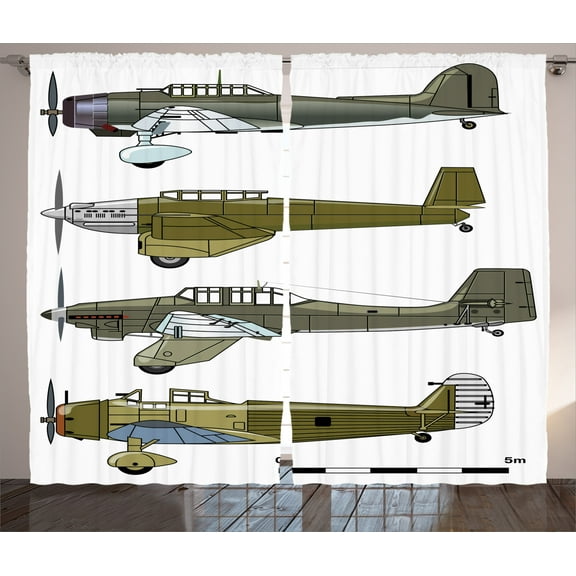 Ambesonne Airplane Curtains 2 Panel Set, Old Dive Planes Jets, 108" x 90", Green Grey White