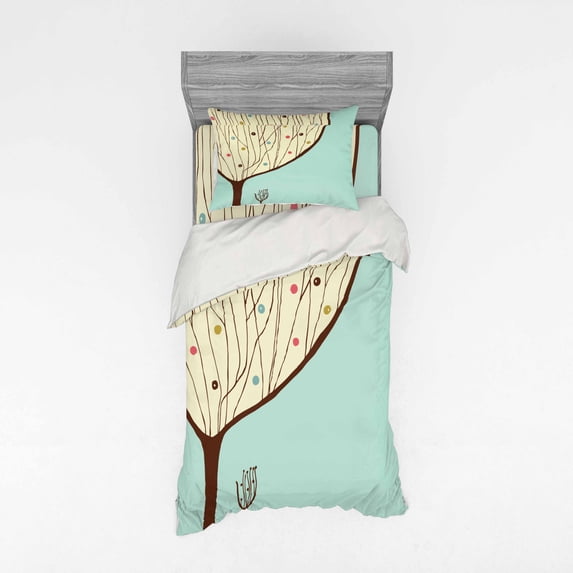 Modern Art Duvet Cover Set, Aqua Hand Drawn Funk Depiction of Tree Form Dots Doodle Lines Print, Bedding Set with Shams and Fitted Sheet, 3 Sizes, by Ambesonne