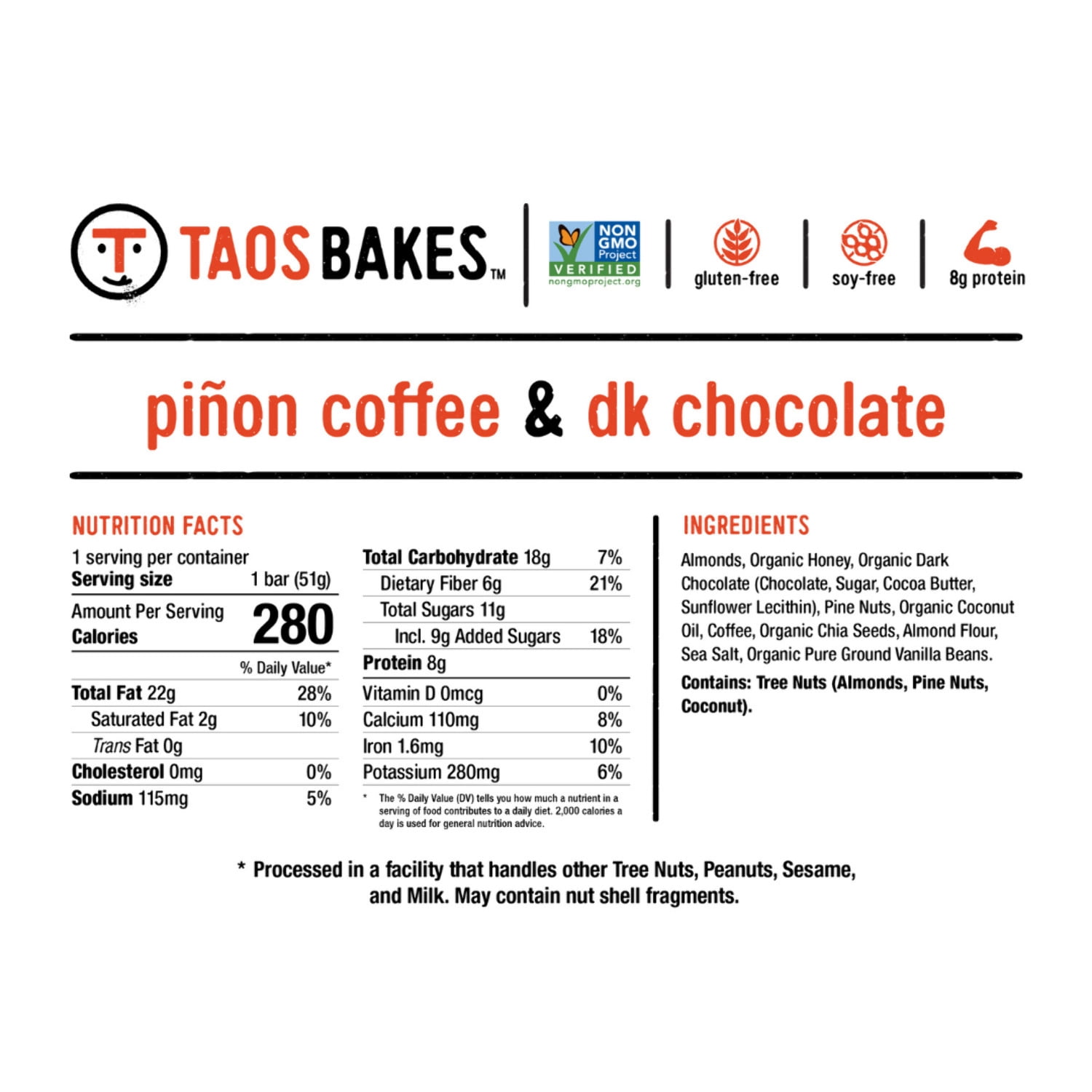 Taos Bakes - Breakfast Bars - Piñon Coffee + Dark Chocolate - Gluten Free, Non-GMO - 12 pk, 1.8oz ea