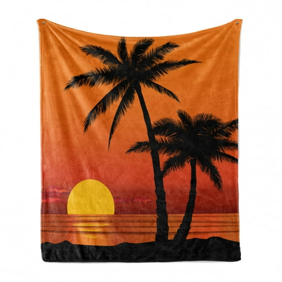 Palm Soft Flannel Fleece Throw Blanket, Summer Holiday Themed Orange Tones Ombre Effect Sunset Sky with Tree Silhouettes, Cozy Plush for Indoor and Outdoor Use, 70" x 90", Multicolor, by Ambesonne